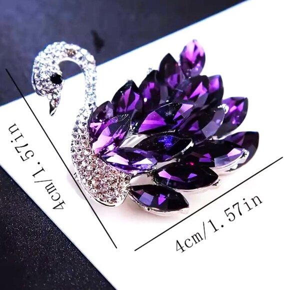 Swan Brooch Rhinestone Pin Purple Jewels Gems Crystal Silver Sparkle Glam Trendy - Picture 3 of 3